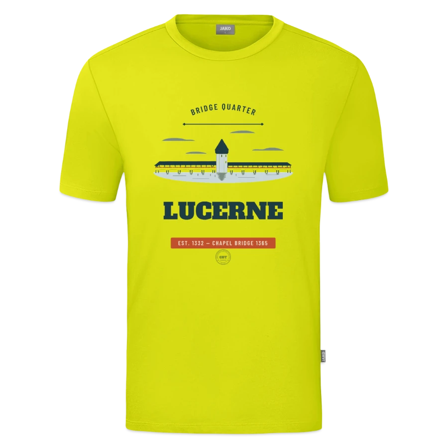Lucerne badge on a jako organic teen t-shirt , lime