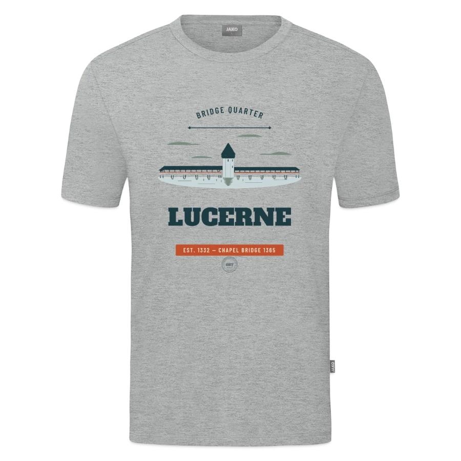 Lucerne badge on a jako organic teen t-shirt , heather grey
