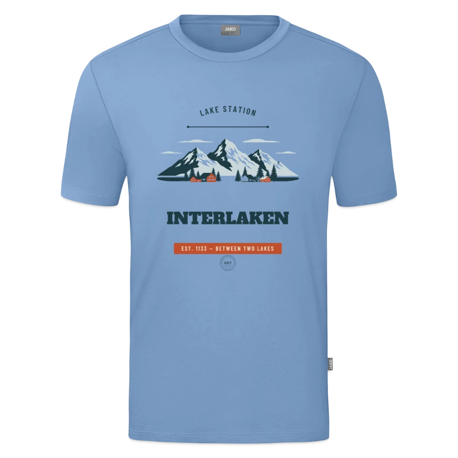 Interlaken badge on a jako organic teen t-shirt , sky