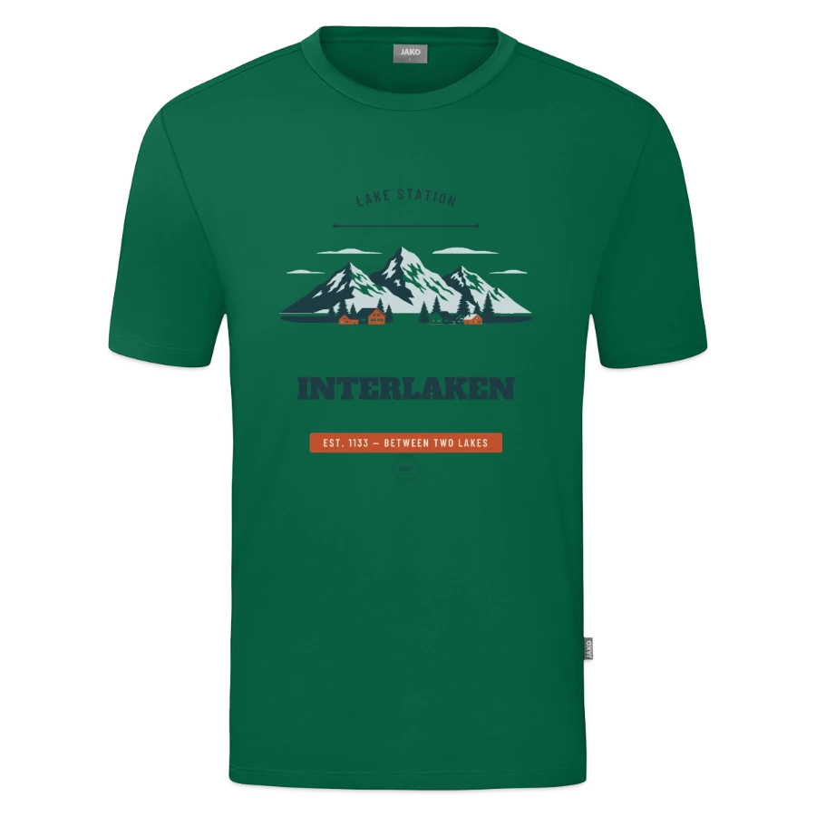 Interlaken badge on a jako organic teen t-shirt , kelly green