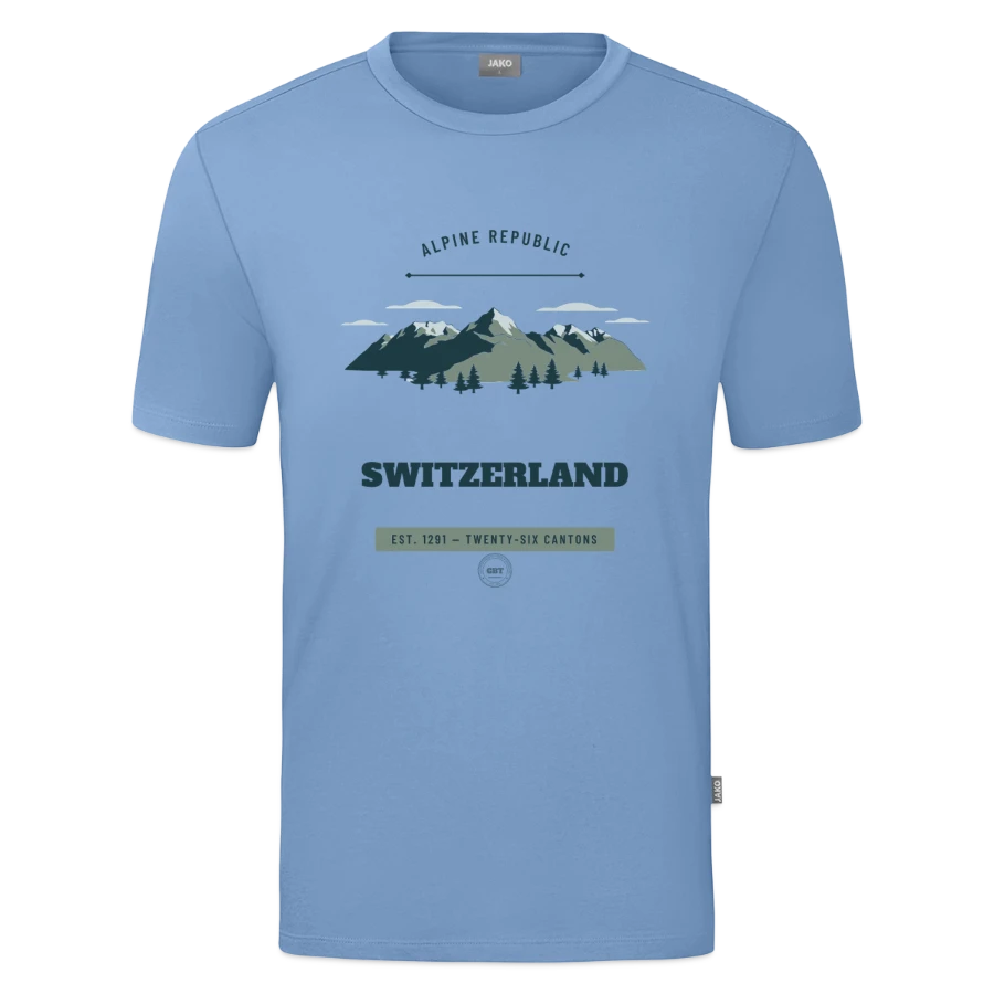 Switzerland badge on a jako organic teen t-shirt , sky