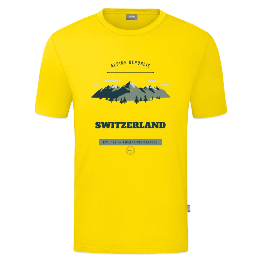 Switzerland badge on a jako organic teen t-shirt , yellow
