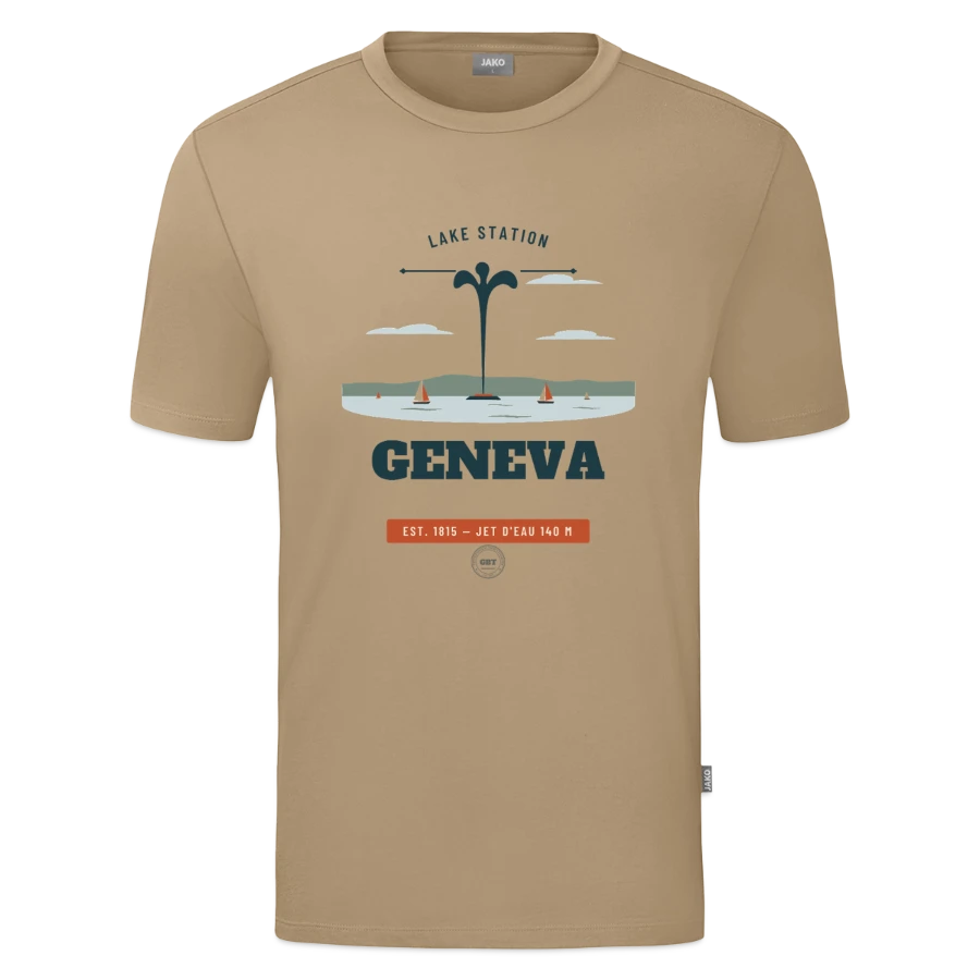 Geneva badge on a jako organic teen t-shirt , beige