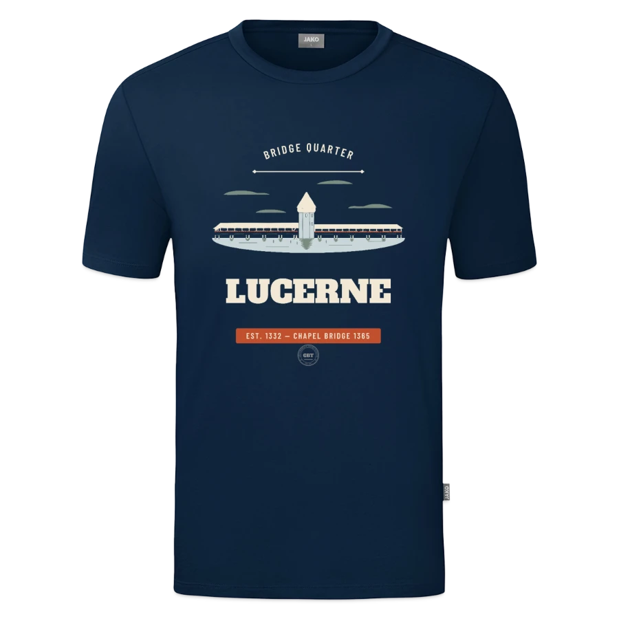 Lucerne badge on a jako organic teen t-shirt , marine