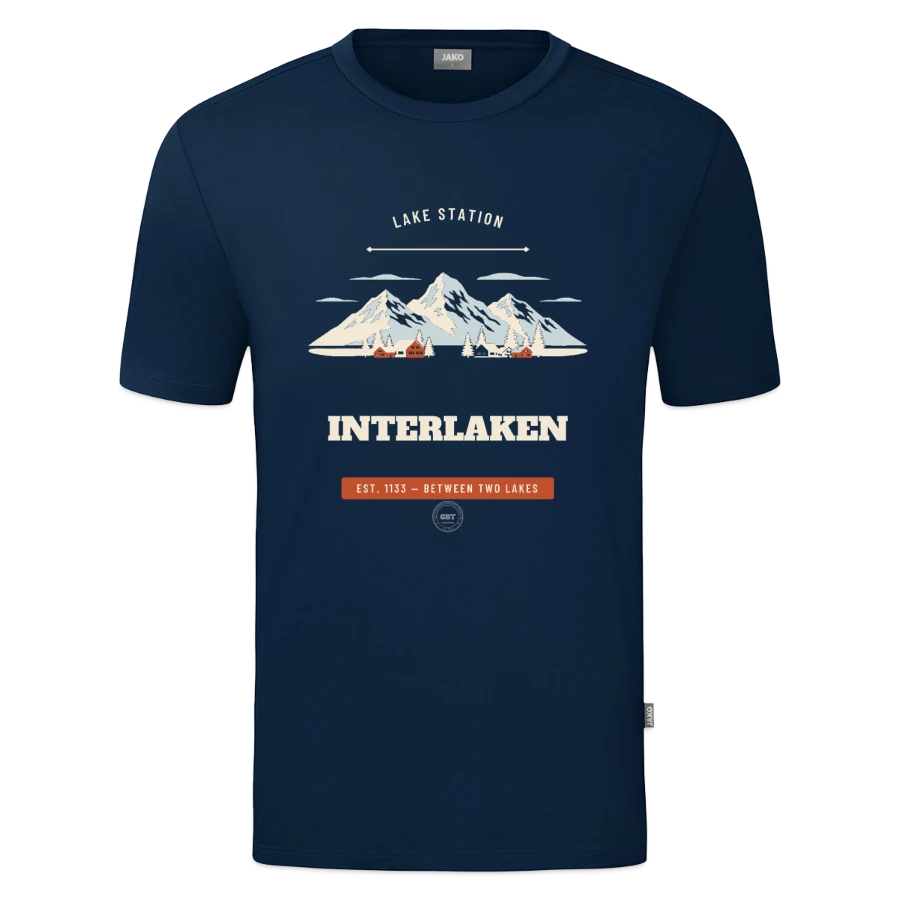 Interlaken badge on a jako organic teen t-shirt , marine