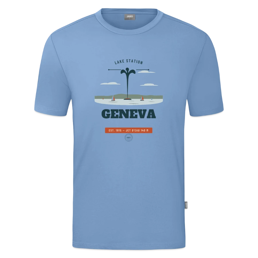 Geneva badge on a jako organic men’s t-shirt , sky