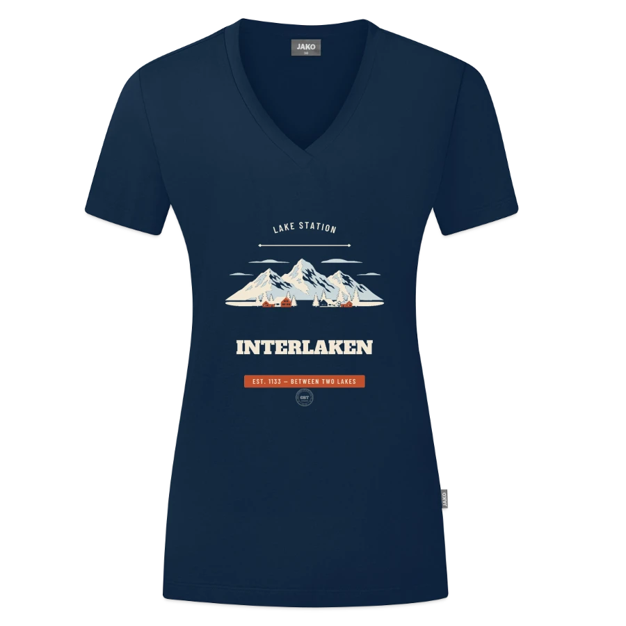 Interlaken badge on a jako organic women’s t-shirt , marine