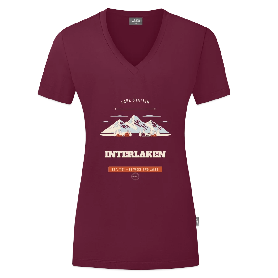 Interlaken badge on a jako organic women’s t-shirt , wine