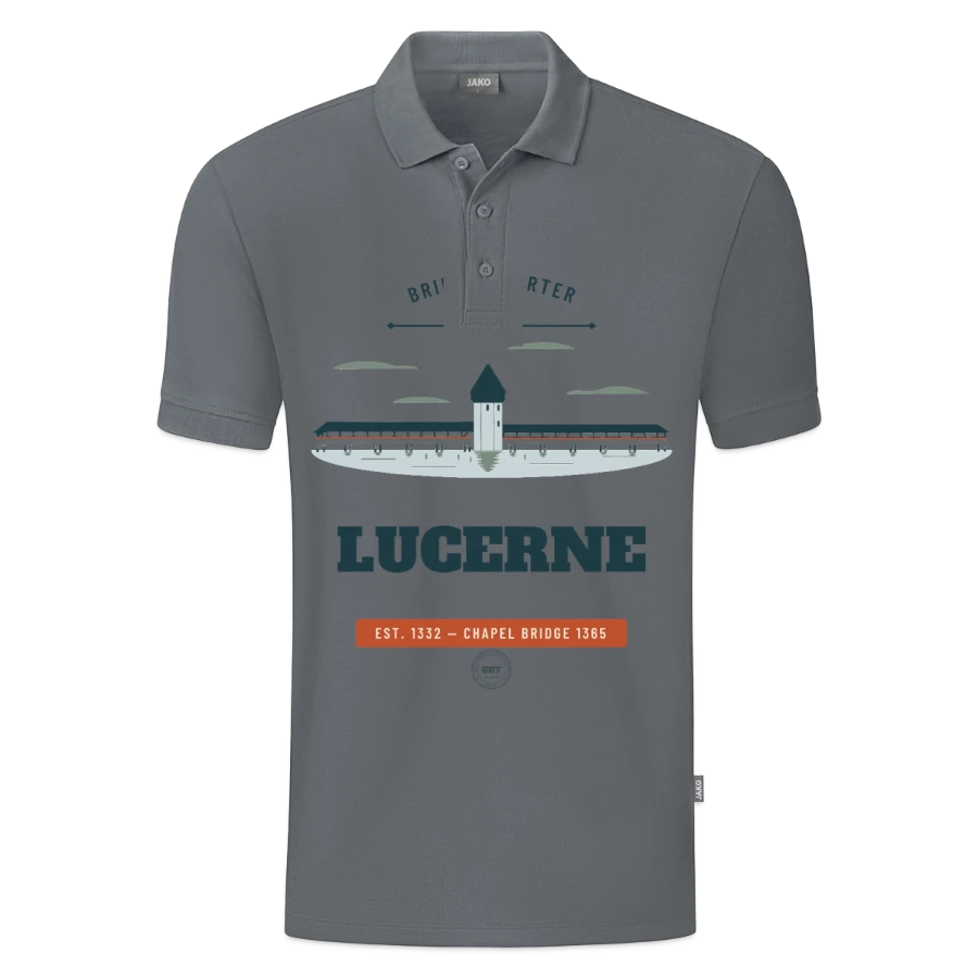 Lucerne badge on a jako organic kids’ polo shirt , grey