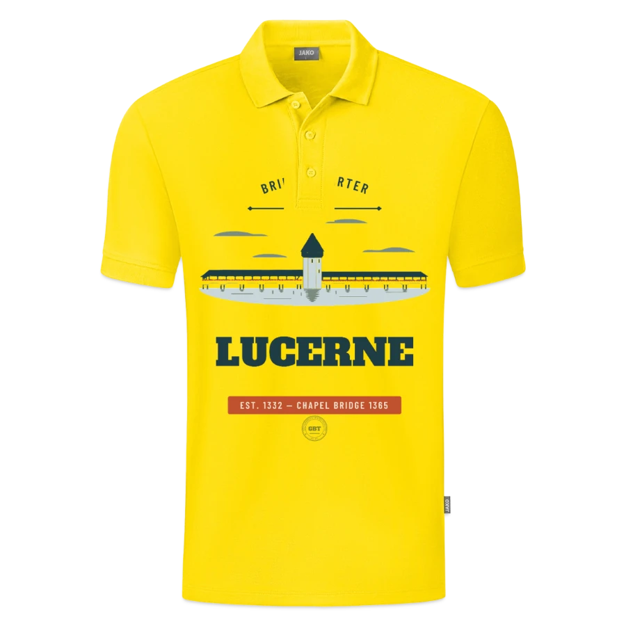 Lucerne badge on a jako organic kids’ polo shirt , yellow