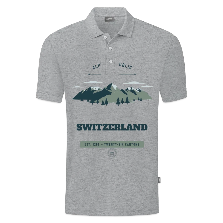 Switzerland badge on a jako organic kids’ polo shirt , heather grey