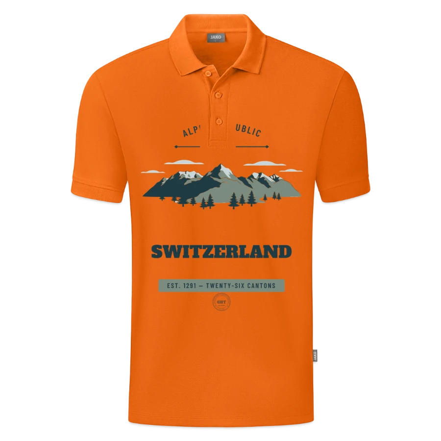Switzerland badge on a jako organic kids’ polo shirt , neon orange