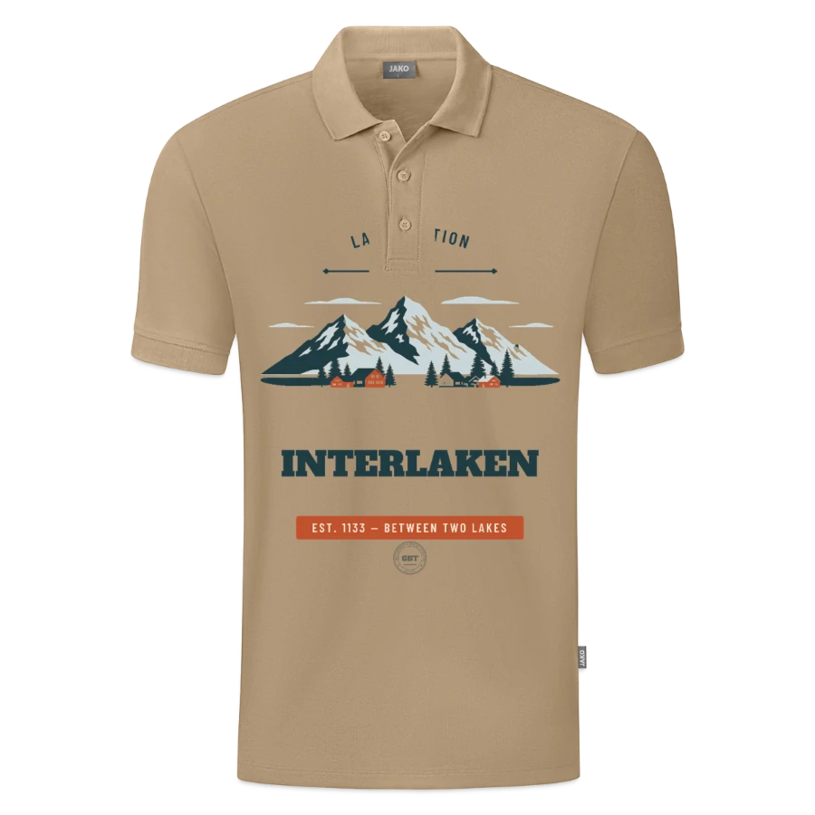 Interlaken badge on a jako organic kids’ polo shirt , beige