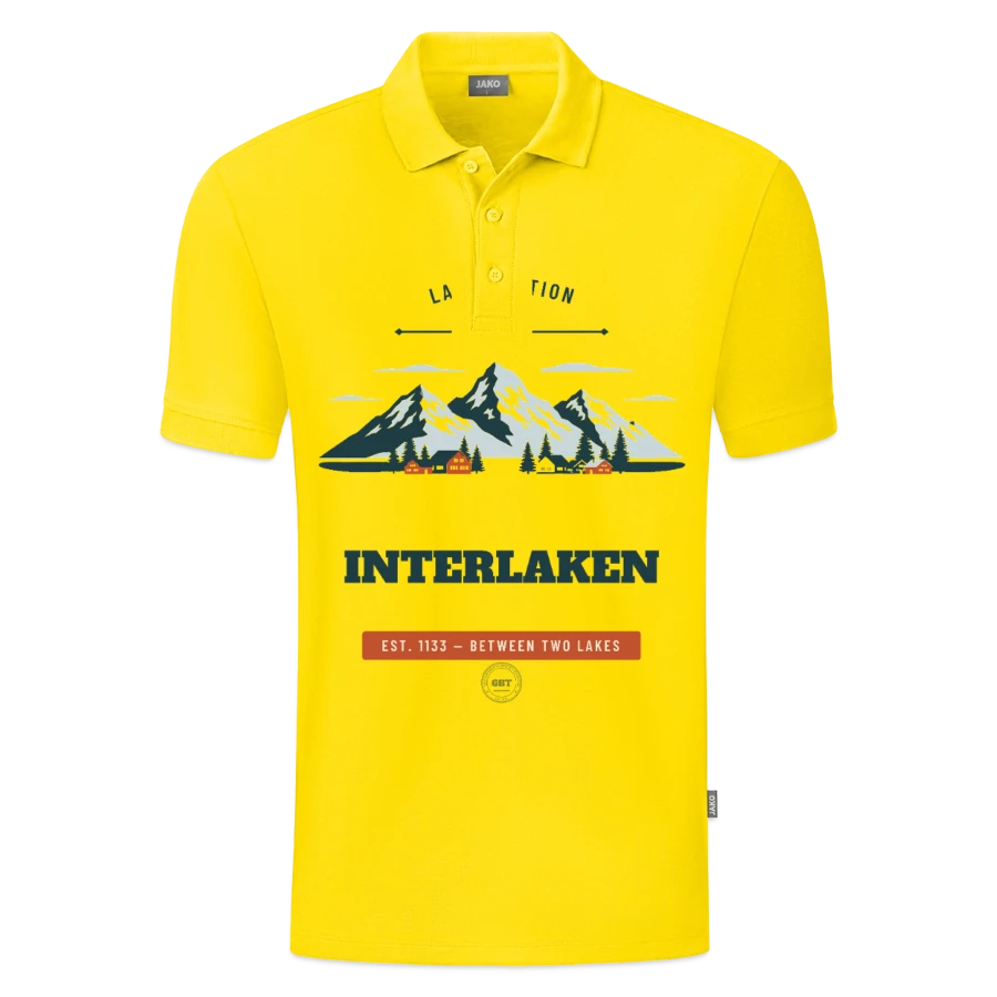 Interlaken badge on a jako organic kids’ polo shirt , yellow