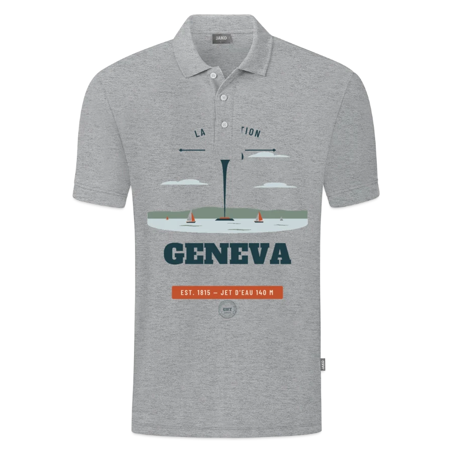 Geneva badge on a jako organic kids’ polo shirt , heather grey