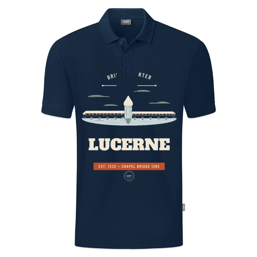 Lucerne badge on a jako organic kids’ polo shirt , marine