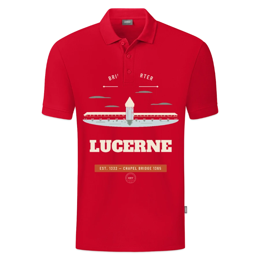 Lucerne badge on a jako organic kids’ polo shirt , red