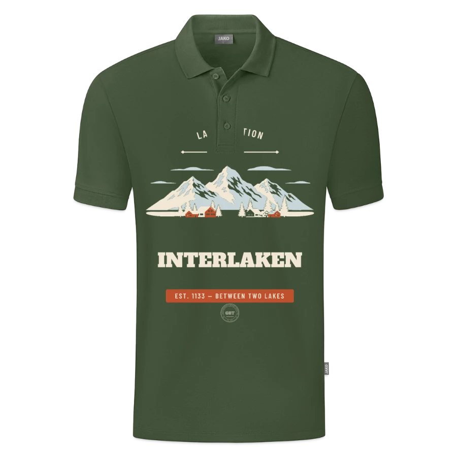 Interlaken badge on a jako organic kids’ polo shirt , fir green