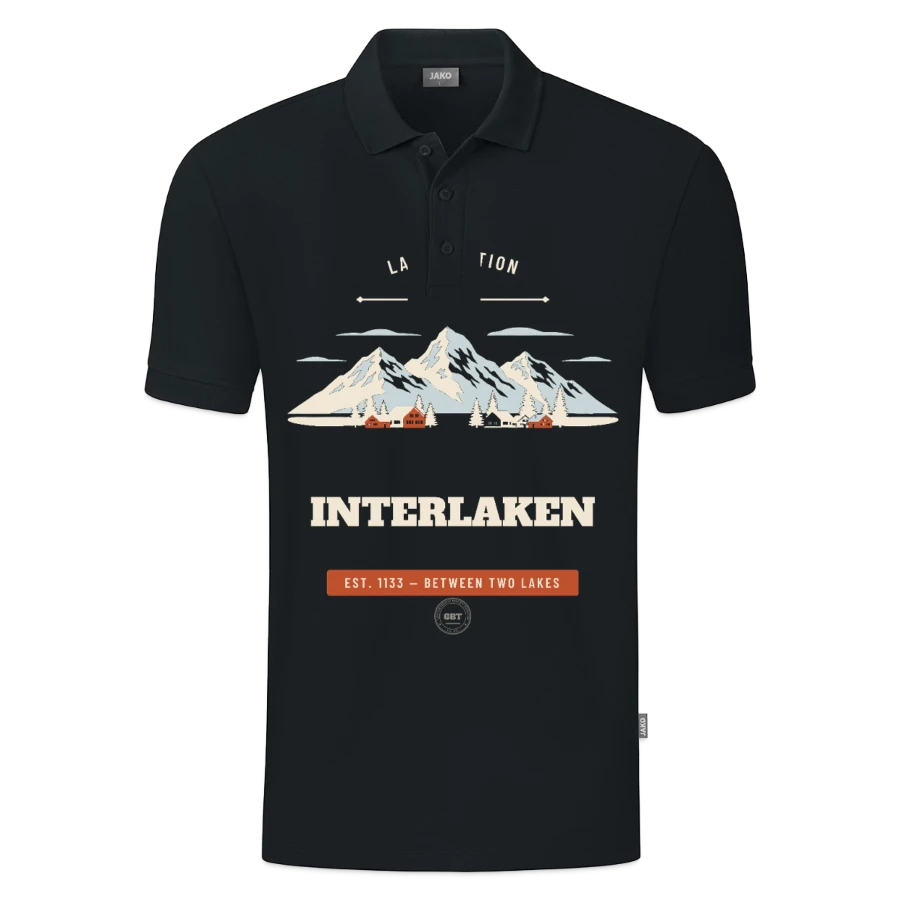 Interlaken badge on a jako organic kids’ polo shirt , black
