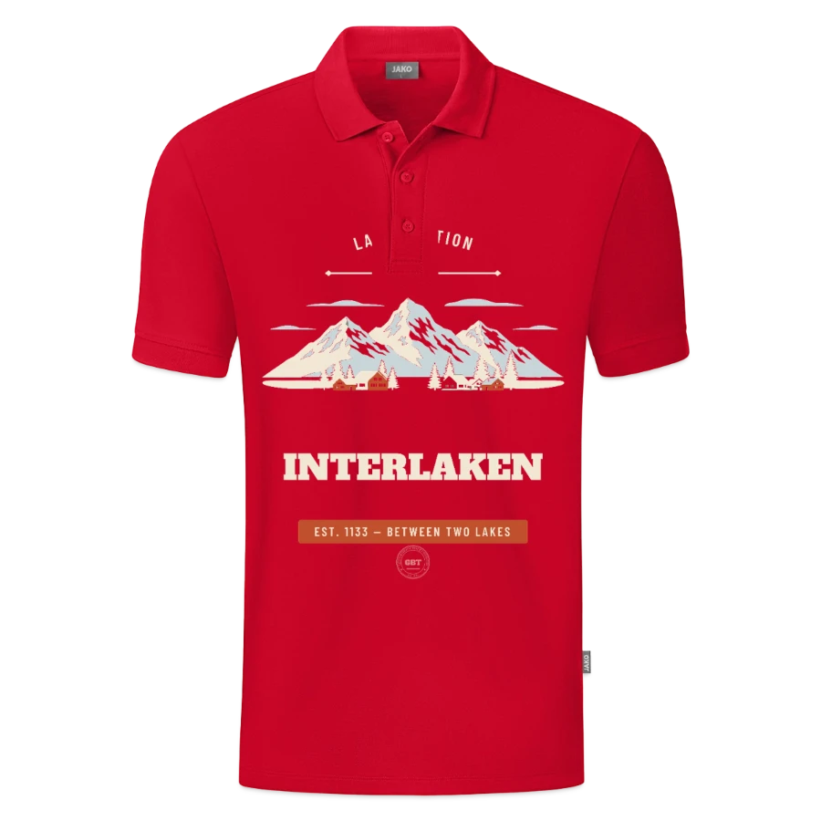 Interlaken badge on a jako organic kids’ polo shirt , red