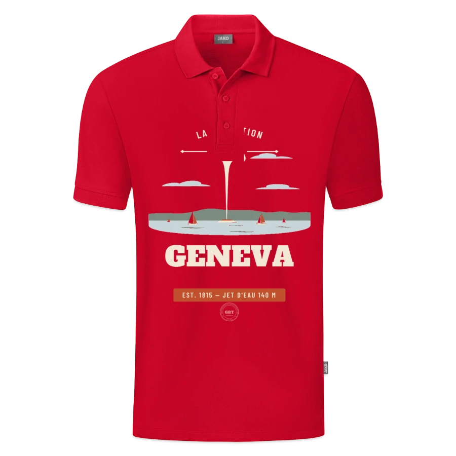 Geneva badge on a jako organic kids’ polo shirt , red