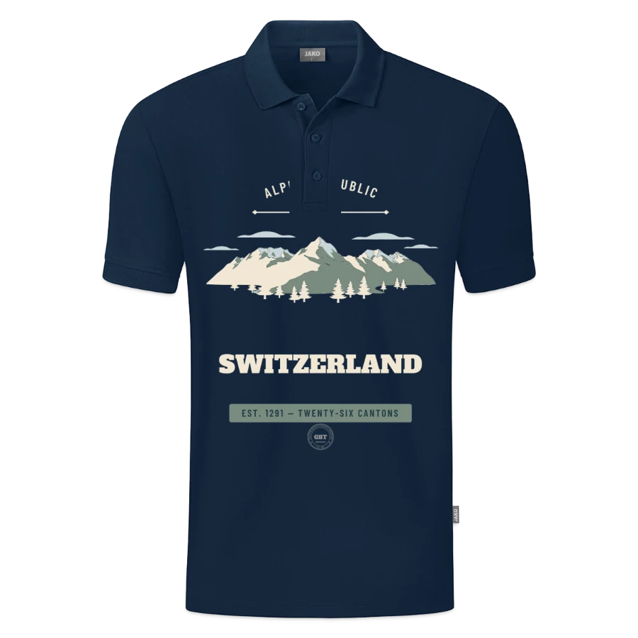 Switzerland badge on a jako organic kids’ polo shirt , marine