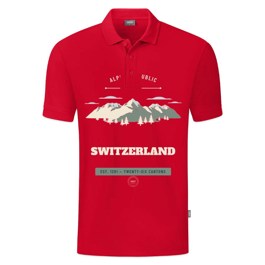 Switzerland badge on a jako organic kids’ polo shirt , red