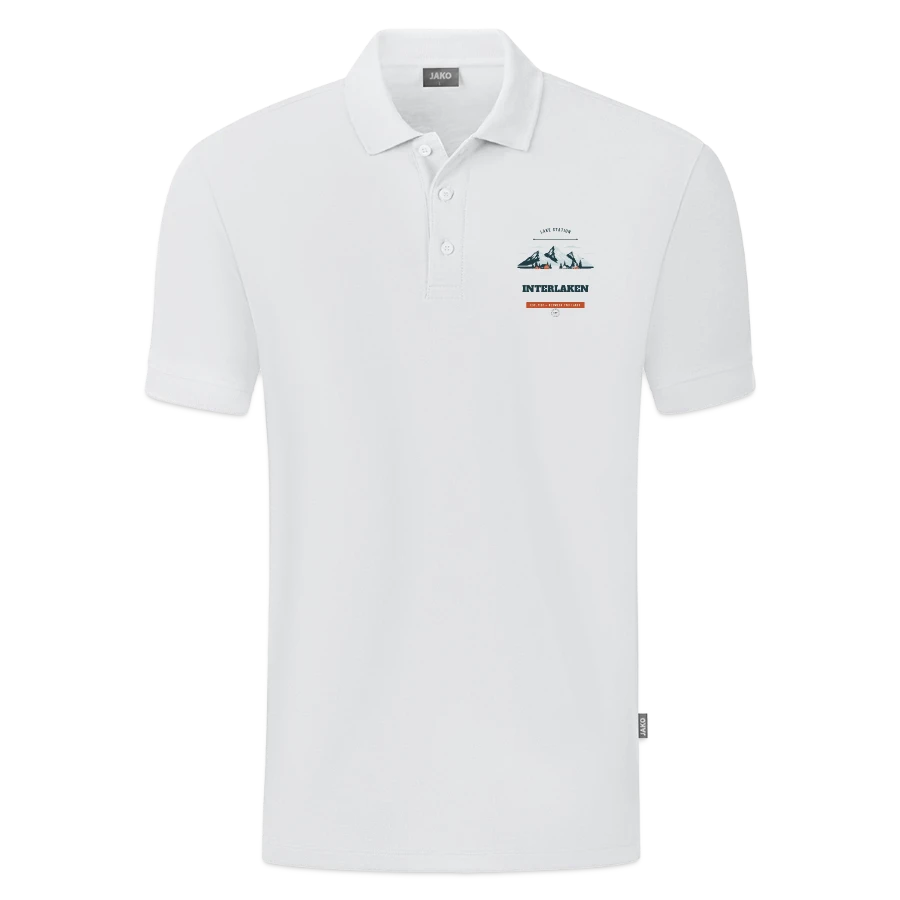 Interlaken badge on a jako organic men’s polo , white
