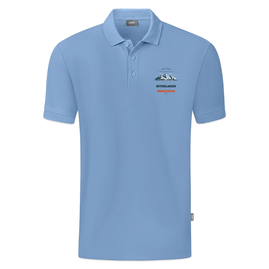 Interlaken badge on a jako organic men’s polo , sky