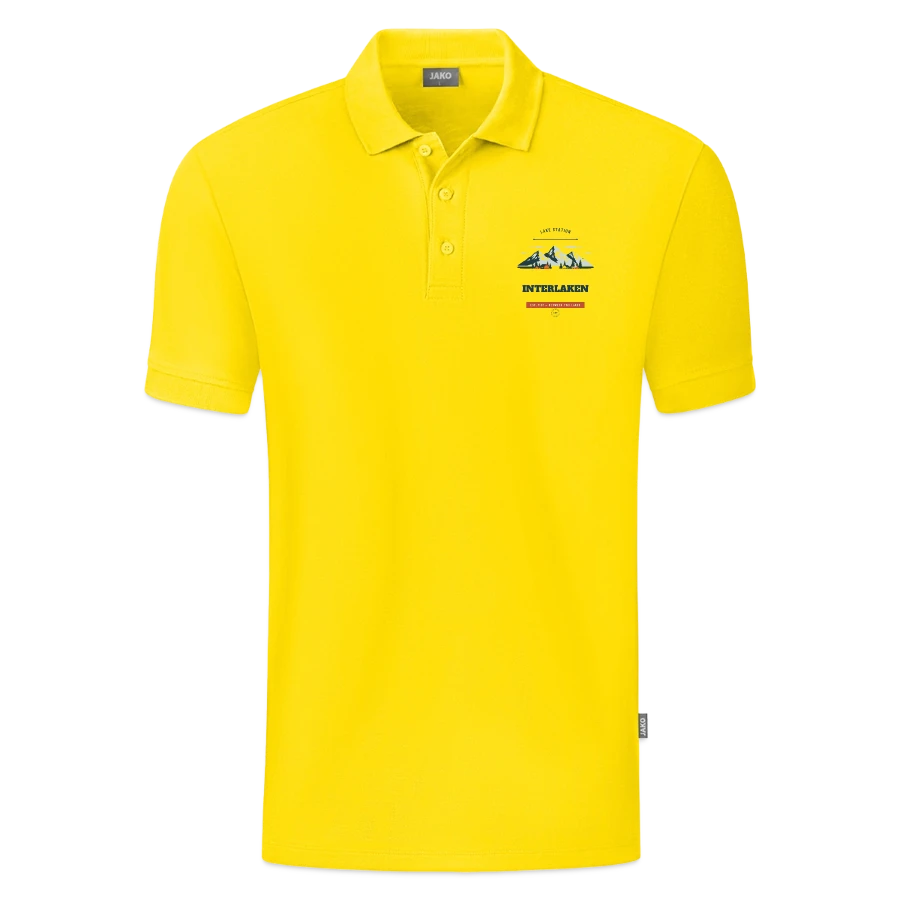 Interlaken badge on a jako organic men’s polo , yellow