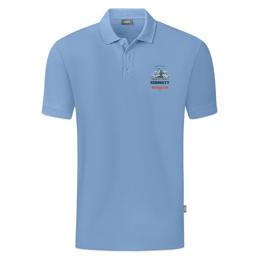 Zermatt badge on a jako organic men’s polo , sky