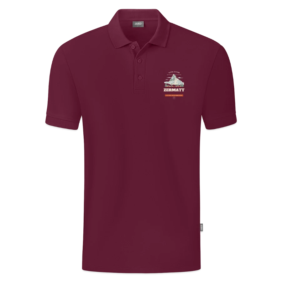 Zermatt badge on a jako organic men’s polo , wine