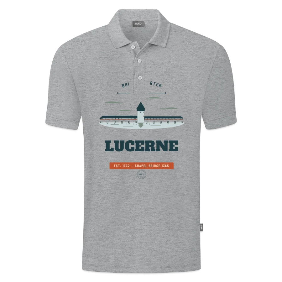 Lucerne badge on a jako organic teen polo , heather grey