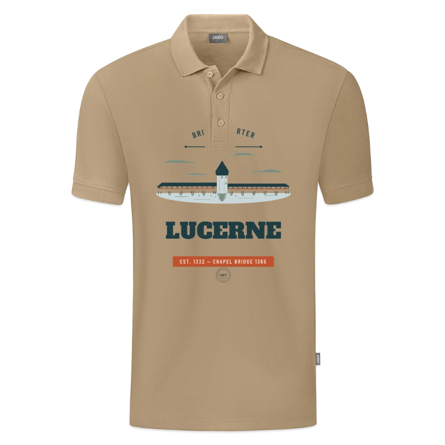 Lucerne badge on a jako organic teen polo , beige