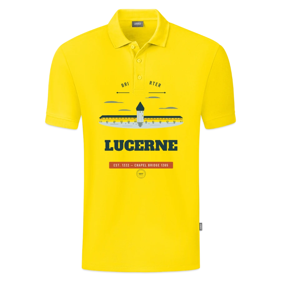 Lucerne badge on a jako organic teen polo , yellow