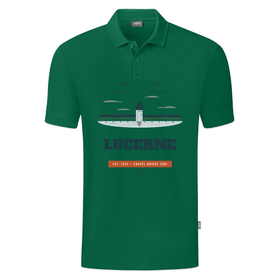 Lucerne badge on a jako organic teen polo , kelly green