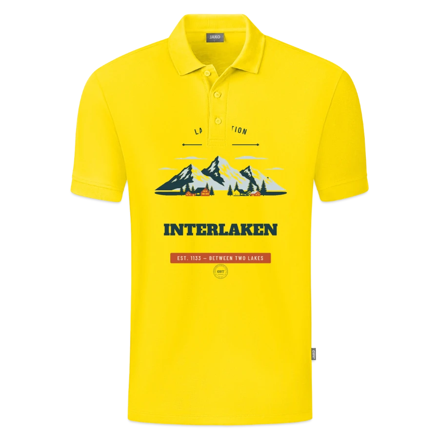 Interlaken badge on a jako organic teen polo , yellow