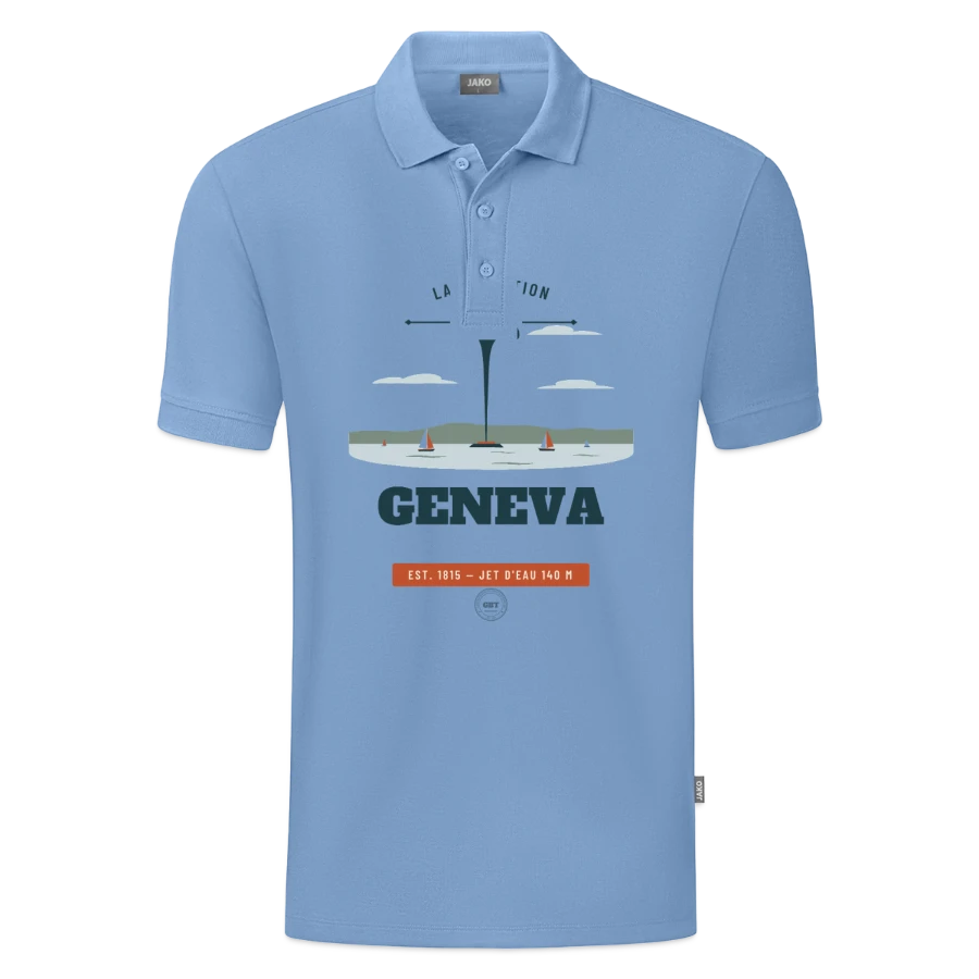 Geneva badge on a jako organic teen polo , sky