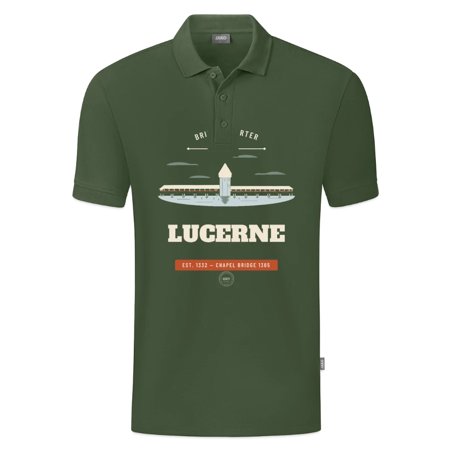 Lucerne badge on a jako organic teen polo , fir green