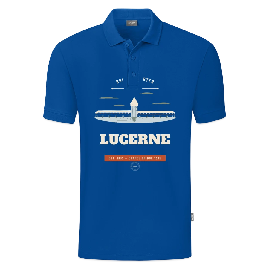 Lucerne badge on a jako organic teen polo , blue