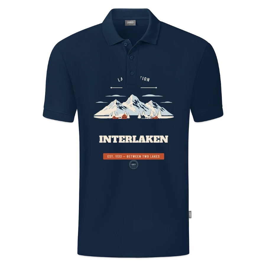 Interlaken badge on a jako organic teen polo , marine