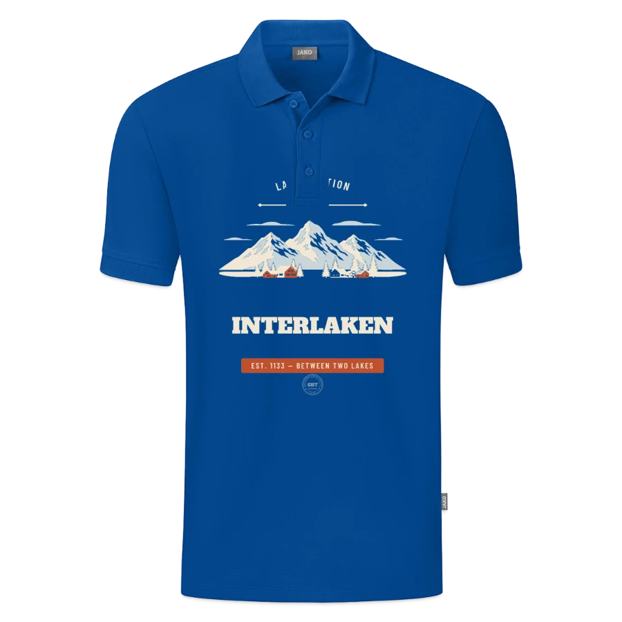 Interlaken badge on a jako organic teen polo , blue