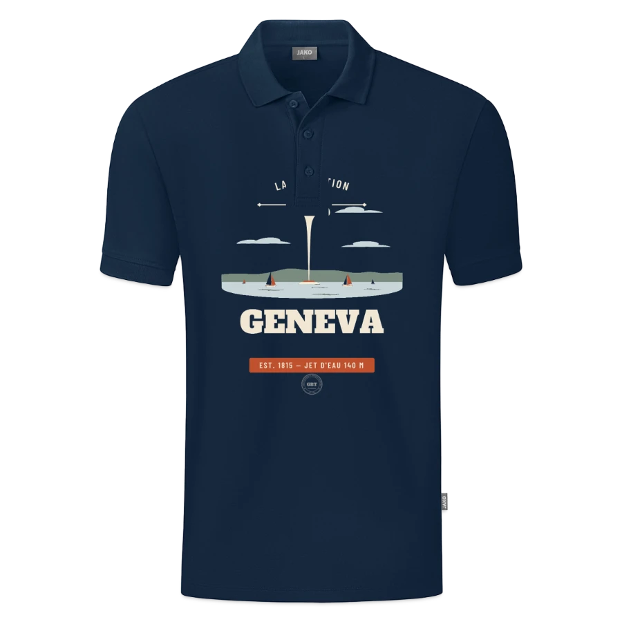 Geneva badge on a jako organic teen polo , marine