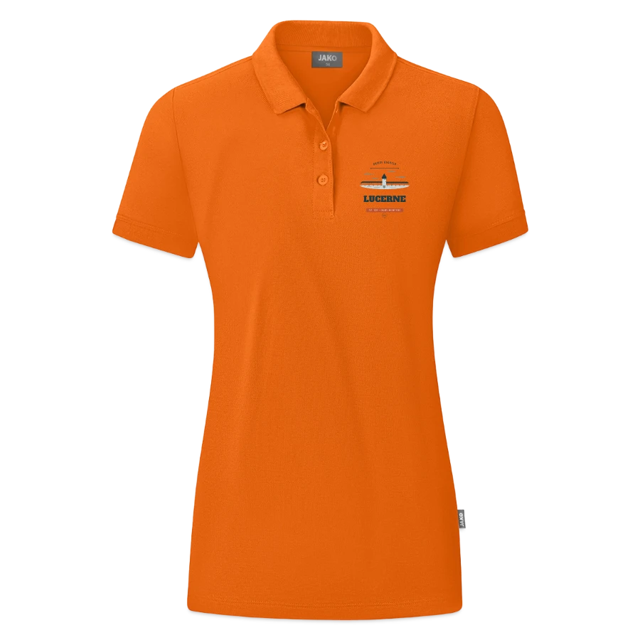 Lucerne badge on a jako organic women’s polo , neon orange