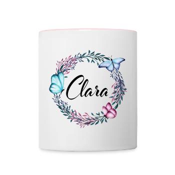 Clara, nom, lettrage, couronne de fleurs, cadeau - Mug contrasté - blanc/rose - Devant