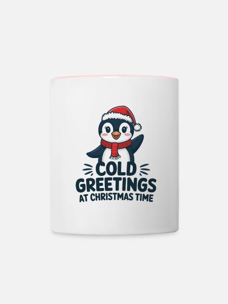 Kühle Grüße zur Weihnachtszeit – Pinguin - Tasse zweifarbig - Weiß/Pink