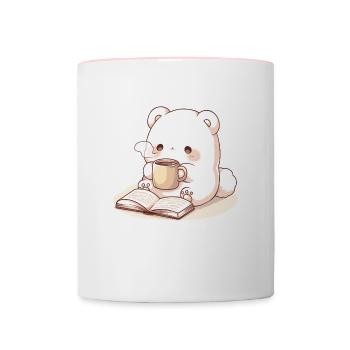 Kawaii animal with book and tea - Contrasting Mug - white/pink - Front
