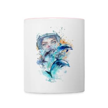 Aquarelle : 3 dauphins avec plongeuse sous marine - Mug contrasté - blanc/rose - Devant