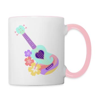 Ukulélé cœur pastel menthe avec fleurs d'Hibiscus - Mug contrasté - blanc/rose - Droite