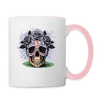 Kreativer Totenkopf mit Rosen Design - Tasse zweifarbig - Weiß/Pink - Rechts
